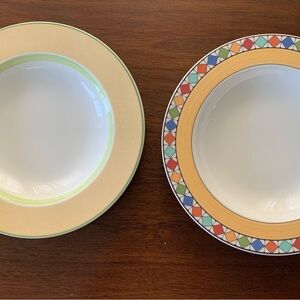 Villeroy & Boch Porcelain Bowls with Yellow and Multicolor Geometric Rim